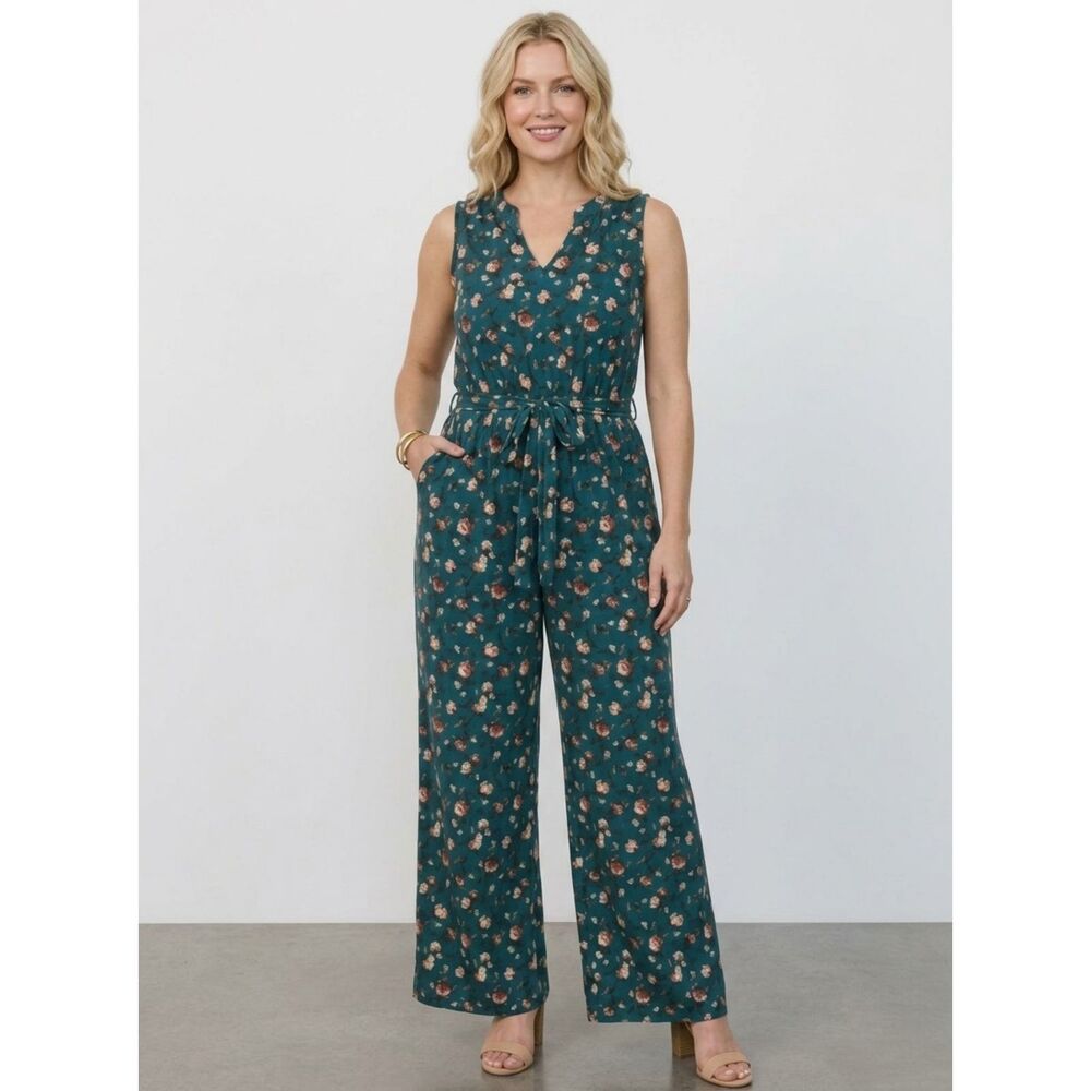 Baltic Born Womens Grove Tank Jumpsuit 3X Teal Floral Wide Leg Jersey Pockets